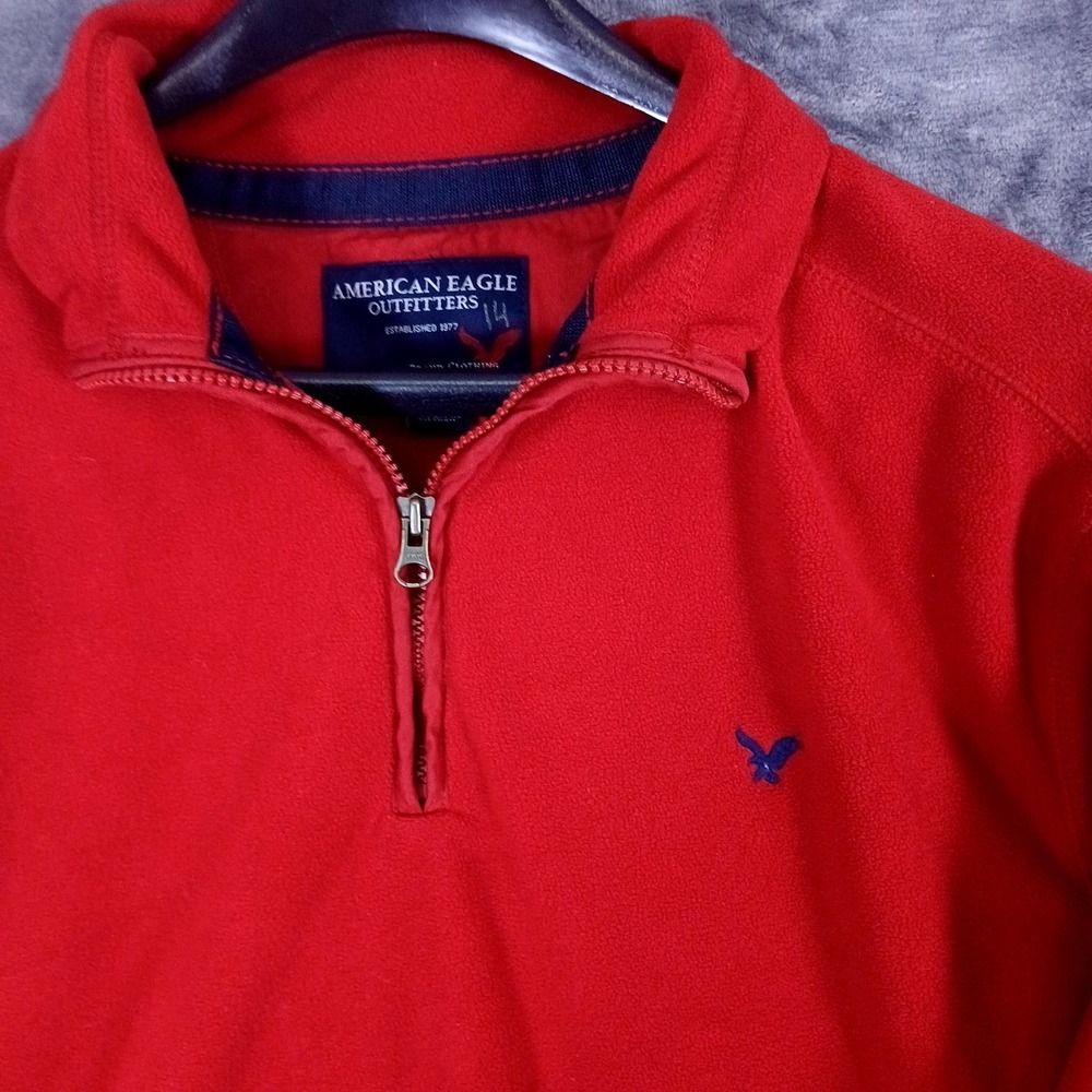 American Eagle Outfitters Sweater Mens XL Red Quarter Zip‎ Fleece Pullover Logo